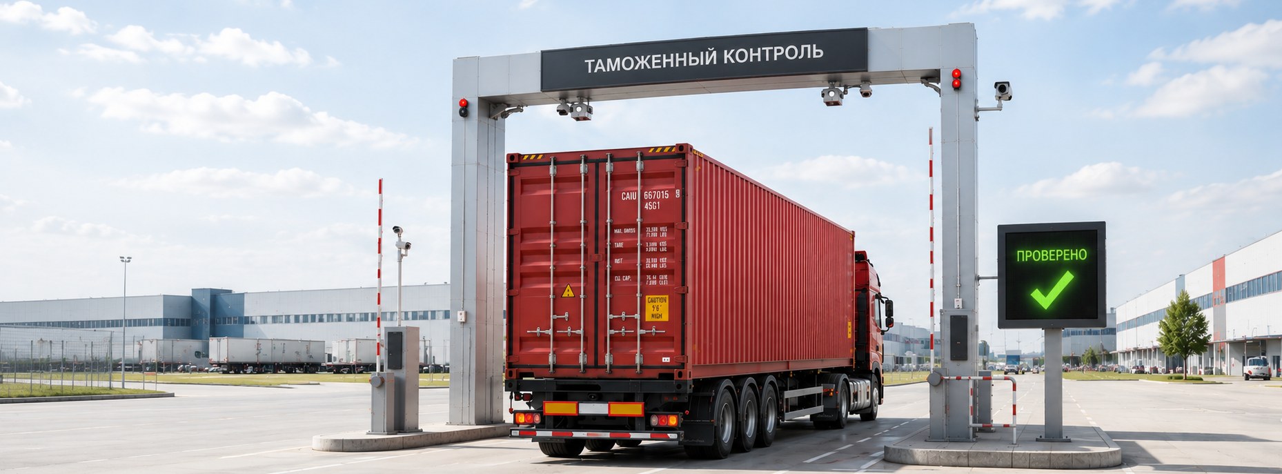 Грузовик с красным контейнером проходит таможенный контроль