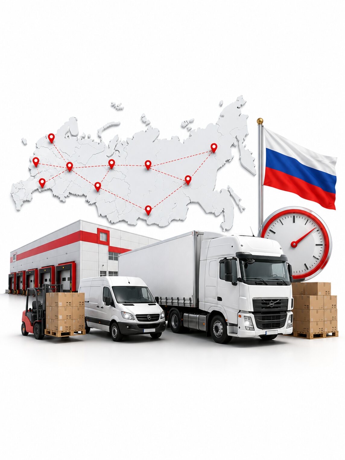 Карта России с сетью терминалов, склад, фура, фургон и погрузчик с коробками, флаг России и часы