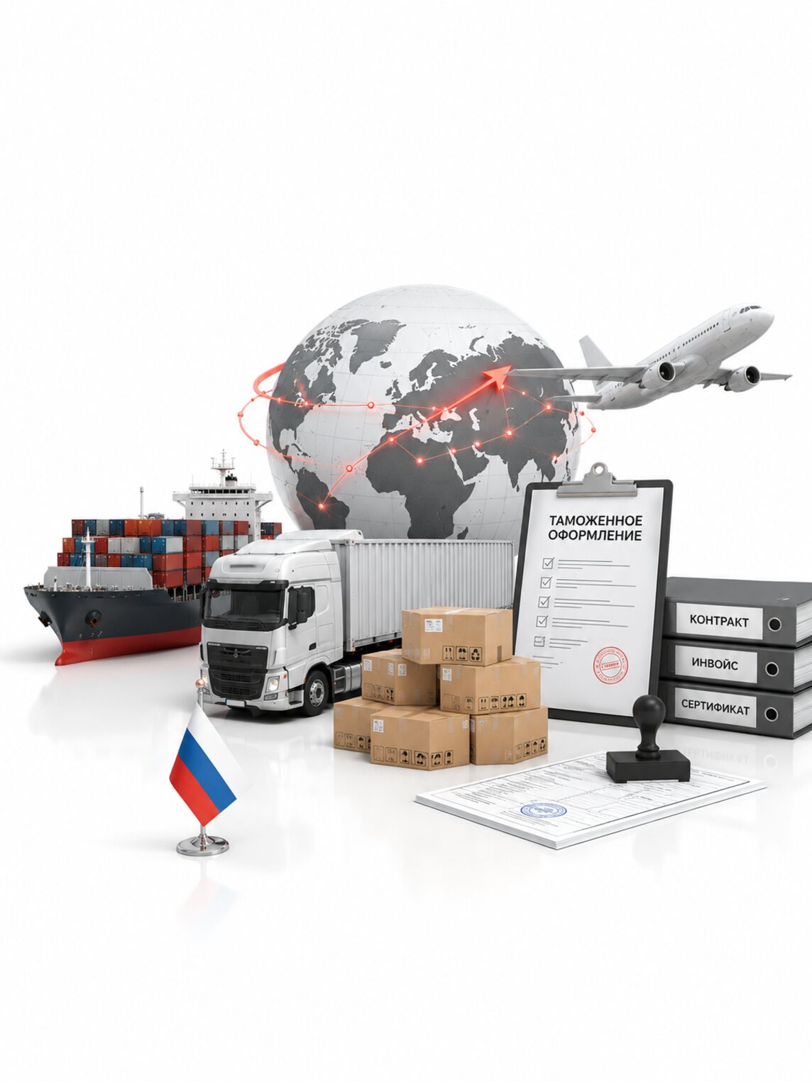 Глобус, самолёт, контейнеровоз, фура и коробки с пакетом таможенных документов