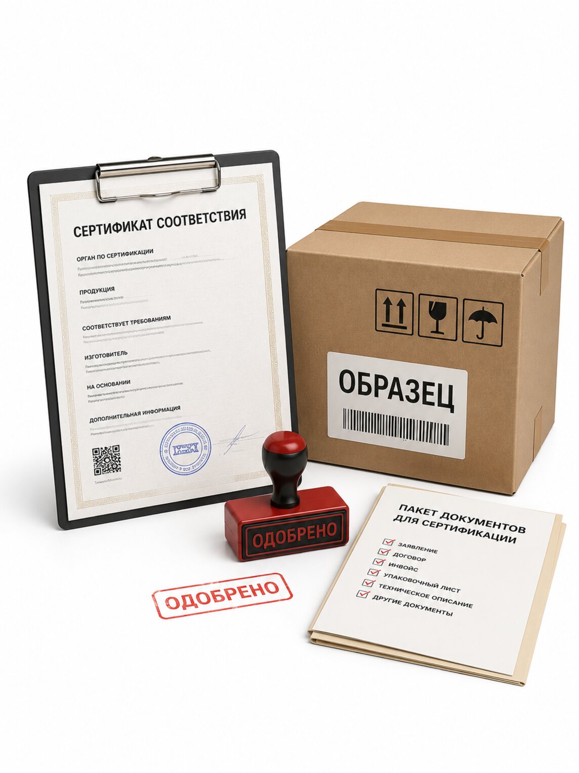 Сертификат соответствия на планшете, коробка с образцом и печать «Одобрено»